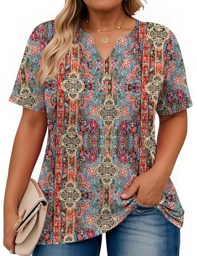 Rapbin Damen Plus Size T-Shirt V-Neck Kurzarm Drucken Casual Lockere Oberteil Oversized Tee Sommer Tops Blusen 2025 (Bunte Blumen, XXL)