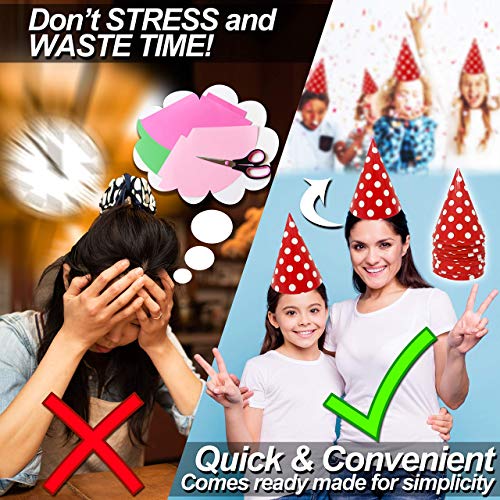 Kids Birthday Party Hats - Fully-Assembled CARDSTOCK - Red Paper Cones Polka Dot Hat