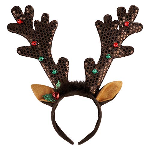 ADXCO Weihnachtliches Rentier-Kopfbedeckung, braunes Geweih, Pailletten-Stirnband mit Glöckchen, Zubehör für die meisten Menschen Cover