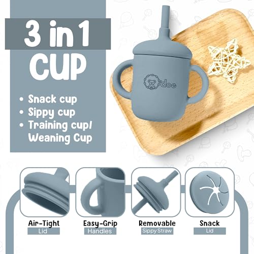 Image of O'doe 11-Piece BPA-Free Silicone Baby Feeding Set | Thick & Soft Suction Plates, Baby Food Bowl, Wooden Fork & Spoon, and More | Make Mealtime Fun and Easy for Your Little One