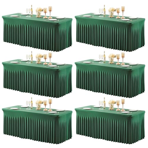 6 Packs Green Table Clothes for 8 Foot Rectangle Tables, Wrinkle Resistant Stretch Spandex Table Covers Fitted Tablecloth with Skirt for Easter Event Banquet Wedding Birthday Party