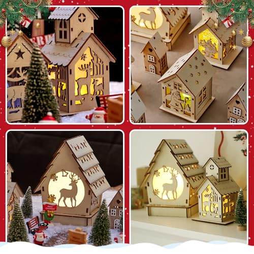 29pcs Christmas Village Sets Lighted DIY Wooden Christmas Village Houses for Crafts Accessories Wood House to Paint with Xmas Miniatures Trees Winter Snow Xmas Display Ornaments Craft Gift - Thumbnail 3
