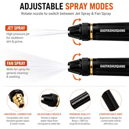 Image of GAOYASHUIQIANG High Pressure Car Wash Spray Gun, Brass and ABS, Adjustable Nozzle, Jet and Fan Spray, for Car, Bike, Gardening, Floor Cleaning