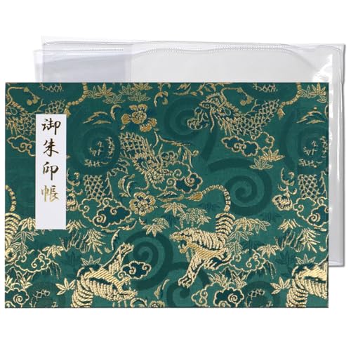 京都ごりやく堂 御朱印 ホルダー 見開きサイズ 御朱印帳 ポケット 書置き 切り絵 (カバーあり, 龍虎(緑))