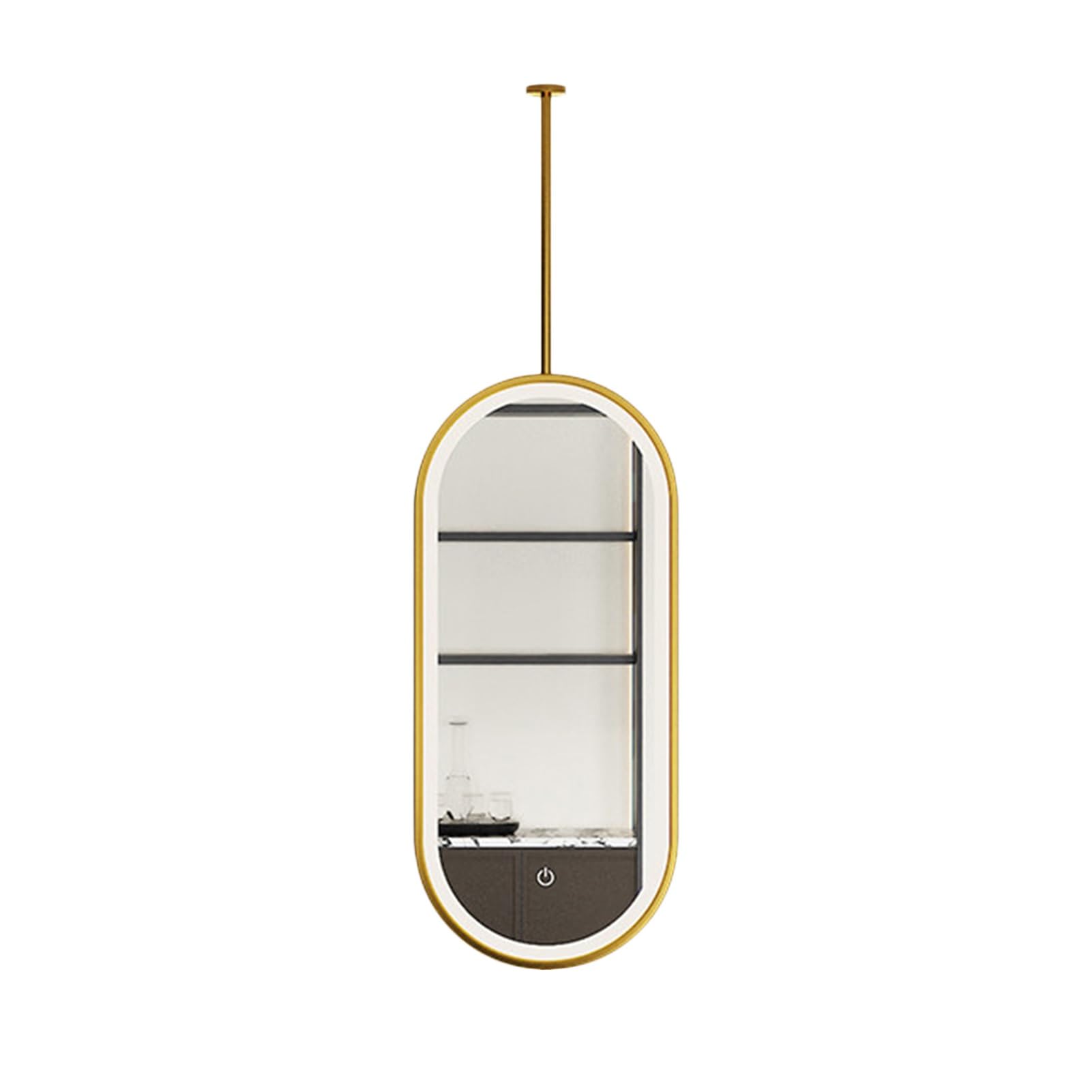 Specchio da soffitto con luce a LED, supporto ovale in metallo, luci dimmerabili a 3 colori, mobiletto a parete (asta personalizzabile)(Gold,40x80cm)
