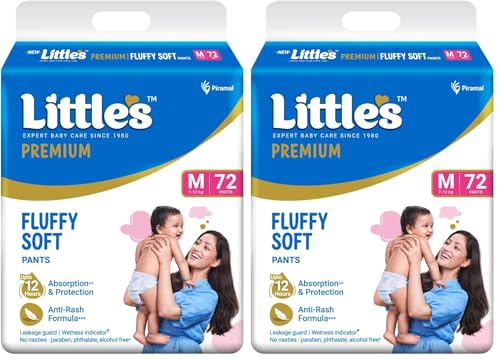 Image of Little's Premium Baby Diapers M Size (Medium) Pants Style | 7-12 kg | 72 Count | Super Jumbo FluffySoft Baby Diaper with Leakage Guard, Wetness Indicator & 12 Hours Absorption (Pack of 2)
