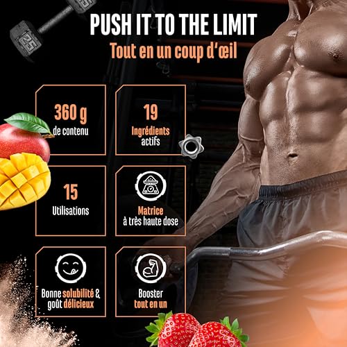 Push it to the Limit - Pré-entraînement avec L-arginine + citrulline + L-tyrosine + L-théanine + L-carnitine + AAKG + taurine + rhodiola rosea + caféine - Hautement dosé - 360 g - Mangue Fraise – Image 4