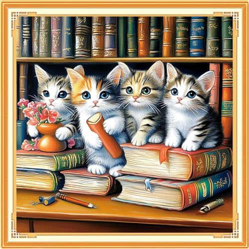Image of Dooxvey Counted Cross Stitch Kits for Adults 11CT Printed Cross-Stitch Patterns Cross Stitching Embroidery Kit Stamped or Counted Needlepoint Kits-The cat in the Study 18x18 inch