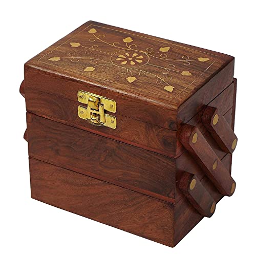 Image of Antlantic wood store Wooden Jewellery Keepsake Celtic Box with 3 Expendable for Women Wooden Flip Flap Flower Carved Design Handmade Gift
