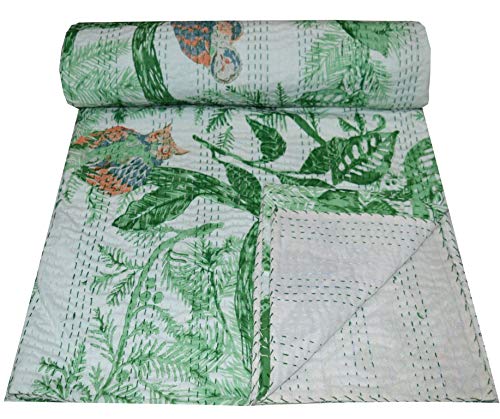 V Vedant Designs Indian Kantha Quilt Owl Bird Print Cotton Queen Bedspread Ethnic Vintage Throw Quilted Bedding Decorative Quilt,90x108 Inch, Green