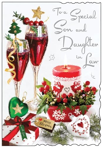 Jonny Javelin Christmas Card for Son & Daughter in Law - Festive Drinks - Embossed Foil & Flitter Finish - Premium Quality Special Christmas Greeting Card with Envelope