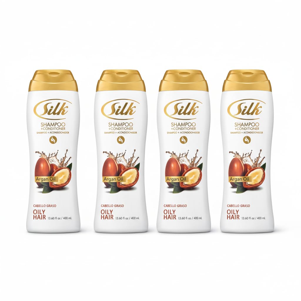 SILK 2 in 1 Shampoo and Conditioner for Oily Hair – Clarifying & Volumizing Deep Cleanse – Anti Residue for Greasy Scalp – Mens & Womens Hair Care – Argan Oil Scent, 13.6 Fl Oz (Pack of 4)