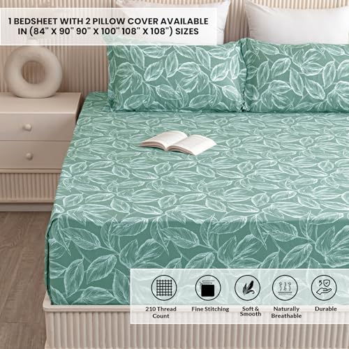 Image of HOMEMONDE Double Bedsheet 84 x 90 Inch Premium Cotton 210 TC Luxurious Printed Flat Sheets with 2 Pillow Covers, Perfect for Home Decor & Gifting - Aqua Blue
