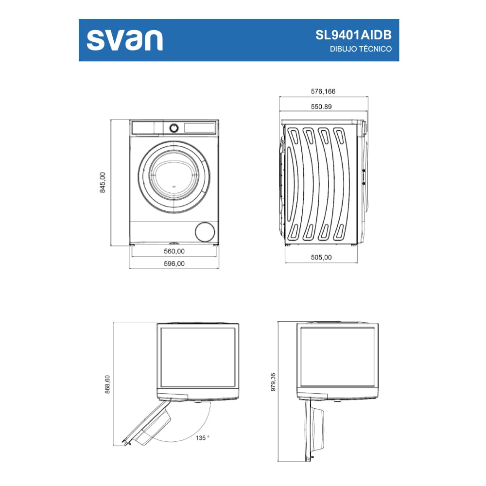 Svan Lavadora 9Kg Carga Frontal Blanco SL9401AIDB. 2200W, 1400rpm, Motor Inverter, 15 Programas, Clase de Eficiencia Energética A