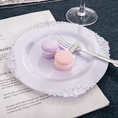 Hioasis 100Pcs Silver Plastic Plates & White With Silver Disposable Plates & 7.5Inch Silver Disposable Dessert Plates-Perfect For Christmas & Wedding & Party #TOP4