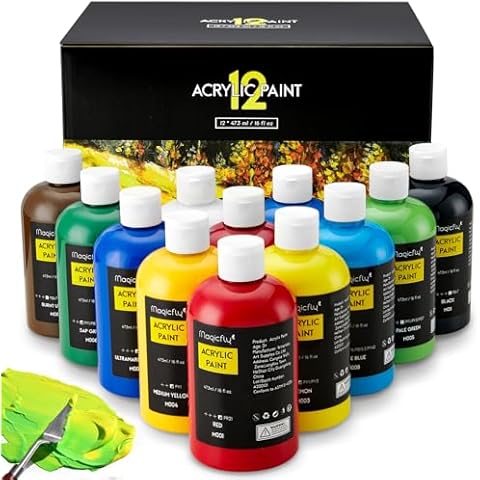 Magicfly Acrylic Paint 12 Colours/473ml, Large Bottles Acrylic Paint Set Rich Pigment Colours for Artists, Beginners, Amateurs on Glass, Stone, Canvas, Wood, Craft Cover