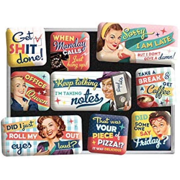 Nostalgic-Art Retro magnesy na lodówkę, 9 sztuk, Office Fun – Pomysł na prezent z ciekawym napisem, zestaw magnesów, Styl vintage