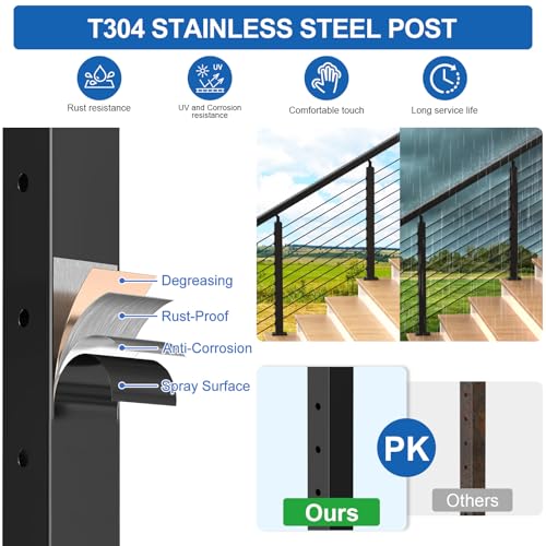 Image of 4FT-10FT Complete Set Stair Cable Railing Kit, 36 inch Black Swageless Cable Railing Kit Includes 2Pack Angle Stair Posts(35 inchx2 inchx2 inch) for 25-35 Stair, 150FT 1 /8 inch Wire Rope,MY06-SP