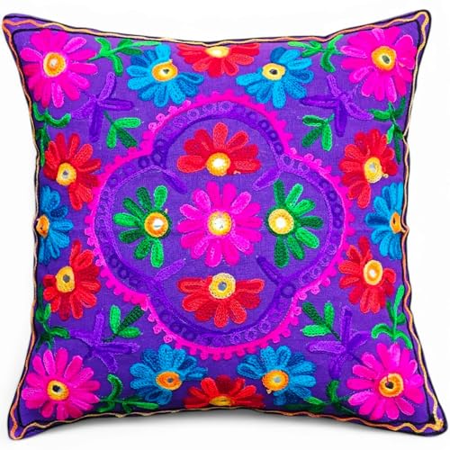 Original Kikan Suzani Housse de Coussin Ethnique Indienne brodée Multicolore 40 x 40 cm Violet
