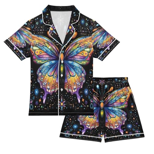 ALAZA Multi Color Butterfly Star Satin Pajamas Set Short Sleeve Button Down Sleepwear Summer Pjs 2 Piece
