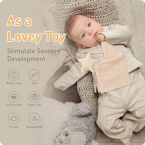Image of Premium Soft Muslin Cotton Newborn Baby Loveys Security Blanket Muslin Soft & Breathable,Star Lovies for Baby New Born Boy Girl Unisex Baby Unique Neutral Presents for Babies Newborn Toddler