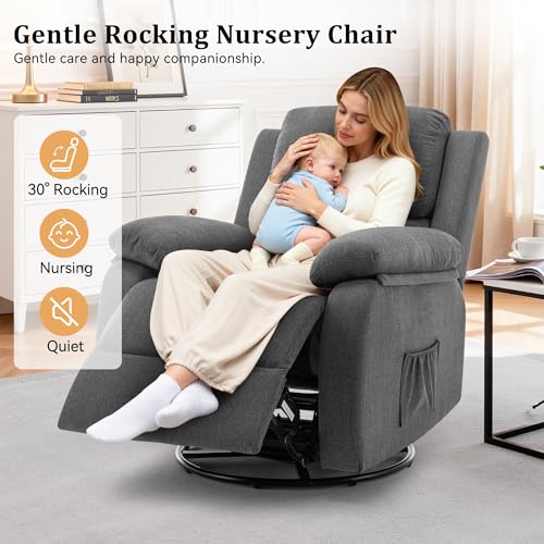 Image of Korser Recliner Chair, 360 Swivel Rocker Chair for Adults, Small Rocking Recliner for Small Spaces, Upholstered Fabric Glider Recliner Nursery