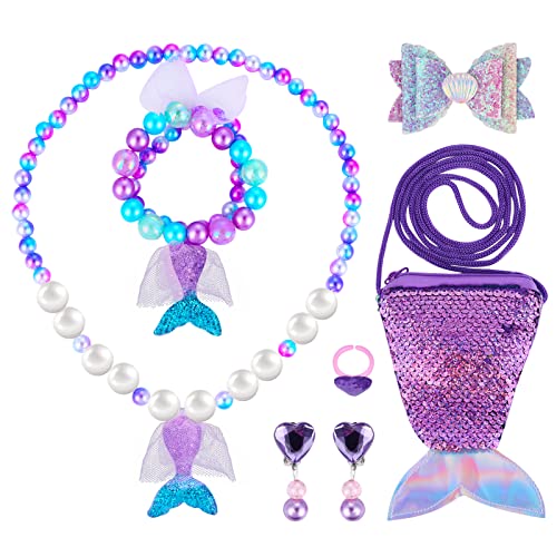 Meerjungfrau-Prinzessin, Kleine Mädchen Schmuckset, Meerjungfrau Kinder Kleidung 7er-Set, Meerjungfrau Tiara Halskette Ohrclips Armband Haarspangen Ringe für Geburtstag Zubehör Party Dress Up (Lila) Cover