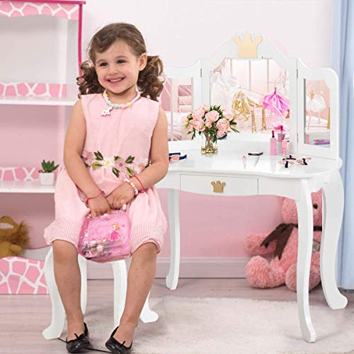 Costzon Kids Vanity Table And Chair Set, Princess Makeup Dressing Table With Drawer & Tri-Folding Mirror, 2 In 1 Vanity Set With Detachable Top, Pretend Beauty Play Vanity Set For Girls (White) #TOP1
