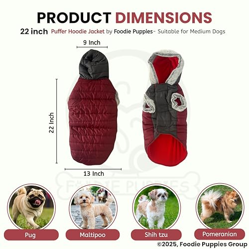 Image of Foodie Puppies Dog Puffer Hoodie Warm Winter Jacket - (Maroon Grey, 22 Inch) for Medium Sized Dogs | Ultra Warm Waterproof & Windproof Fur Coat | Washable Pet Vest Apparel for Cold Weather