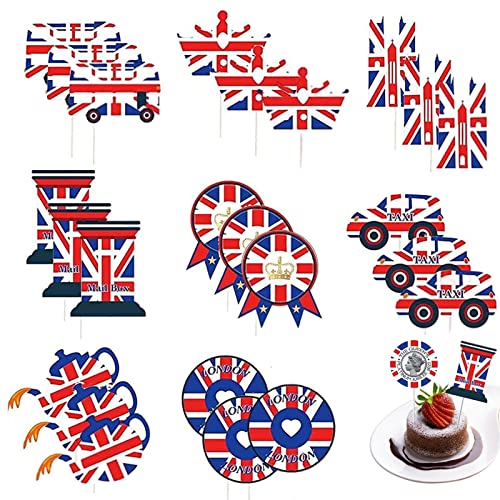 5 Pcs Decorações de bolo da União Jack 2022,24 peças de topo de bolo de jubileu de rainhas - Cupcake