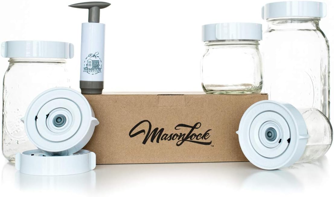 Premium Easy Wide-Mouth Fermenting Kit: Waterless Airlock Fermenter Lids Set with Day & Month Tracker, Pump, Guide. Ferment Sauerkraut, Pickles, Probiotics. Time Saver (Farmhouse White, 6 Pack)
