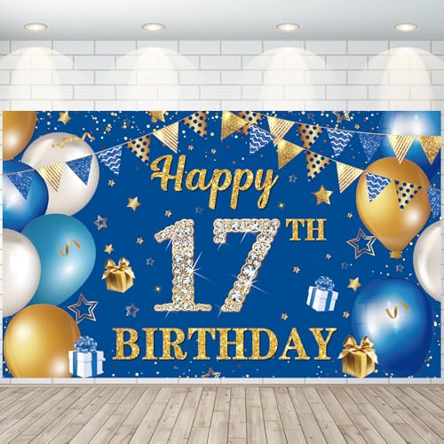 17 decorazioni di compleanno Happy 17th Birthday Sfondo Banner Blu Oro Grandi Dimensioni Banner Triangolo Bandiera Palloncini Cabina Sfondo Deco per Ragazze Ragazzi 17 Anni Anniversario Forniture per
