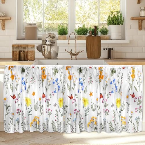 Wiooffen Cabinet Curtains 28 x 51 in Sink Skirt for Bathroom Kitchen Under Desk Privacy Drape Self Adhesive Closet Dishwasher Curtains for Home Laundry Room Farmhouse Rustic Decor Colorful Wildflower