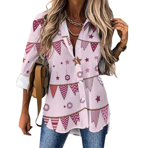Women's Long Sleeve Shirt Irregular Hem Flowy Fit Stretchy Pink Pennant Garland Bunting Star Pattern for Casual Wear L