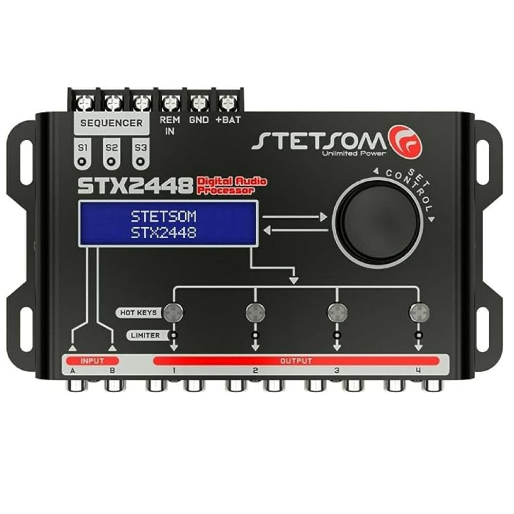Kit Set para Stetson STX2448 1 Procesador de Audio Digital de 4 Canales, Pantalla LCD, 2 entradas de Audio, 4 Salidas Independientes, para Coche, 1 Pieza