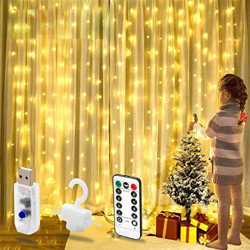 200 LED Curtain Lights USB Powered, 3m x 2m Warm White Bedroom Fairy Lights, 8 Modes, String Lights Plug in for Indoor Outdoor,Wall, Wedding Birthday Party, Christmas, Tent Decoration Wedding, Gazebo