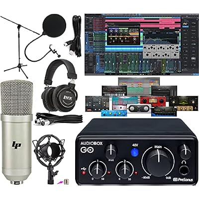 PreSonus AudioBox GO USB-C Recording Bundle with Condenser Microphone Studio Headphones Boom Stand Pop Filter XLR Cable and Studio One Music Production Software