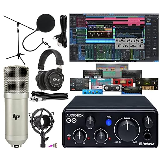 PreSonus AudioBox GO USB-C Recording Bundle with Condenser Microphone Studio Headphones Boom Stand Pop Filter XLR Cable and Studio One Music Production Software