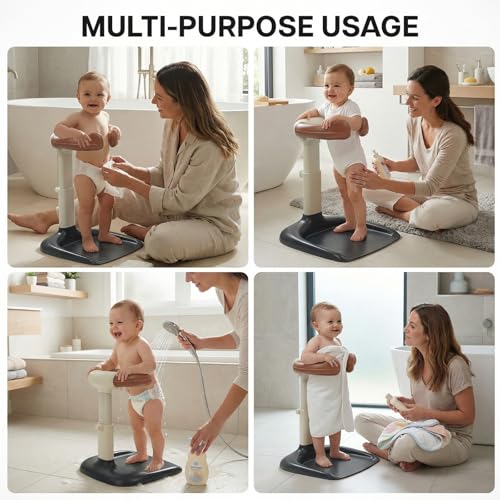 Image of BAYBEE Babyflo Shower Bath Stand for Baby for 0 - 3 Years for Kids | Baby Standing Bath Stand with Adjustable Height & Width | Foldable Kids Bathstand with Shower Holder & Anti-Slip Base (Brown)