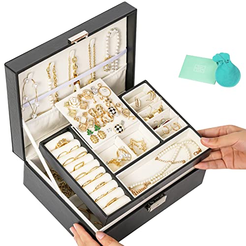 Anboor Black Jewelry Box For Women Girl Idea Gift,2 Layer Jewelry Organizer Storage Earring Watch Bracelets Ring,Safe Jewelry Display Pu Leather Storage Case #TOP15
