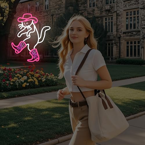 Image of Cowboy Cat Funny Neon Light Sign,Pink Cowboy Hat Animal Neon Sign for Western Rodeo Decor,Novelty Hand Gesture Led Light Up Sign for Home Decoration Bedroom Decor