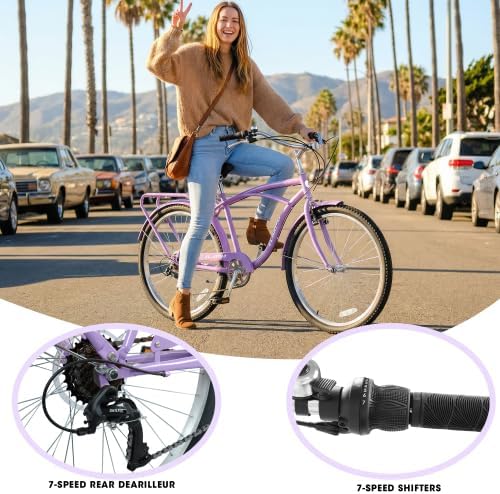 A26265B 26 Inch 7-Speed Beach Cruiser Bike for Men & Women High-Tensile Steel Frame & Lightweight Alloy Wheels with V-Brakes Multiple Colors for Leisure and Commuting