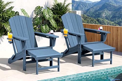 SERWALL Folding Adjustable Adirondack Chairs with Footrest Set of 2 HDPE Outdoor Chair with Dual Cup Holders All Weather Adirondack Chair with Ottoman Blue