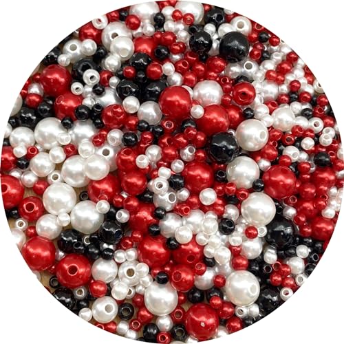 Tingoons 30g Mixed 3-8mm Pearl Beads Round Loose Satin Pearls Plastic Crafts Beads for Jewelry Making Earring Bracelet Necklace Key Chains Vase Fillers Home Decoration (Mixed Black White Red Series)