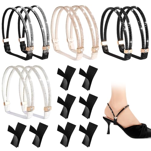 Alyxen 4 pares de Correas Elásticas para Zapatos de Tacón,Capatos de Tacón Alto,Cordones Elásticos para Talones,Cinturón Fijo,Cordones con Brillantes,Negro,Blanco,Champán