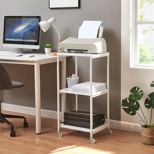 [en.casa] Soporte para Impresora Janertu con 4 Ruedas Mesa para Impresora Ajustable en Altura Carrito Auxiliar de Oficina con 3 Estantes Metal 82 x 39 x 35 cm - Blanco