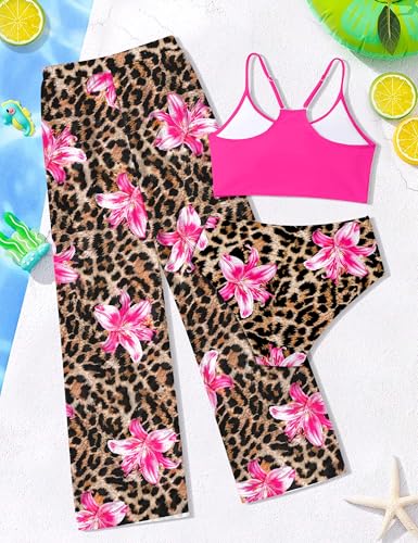 Image of NECIOUS Girls Swimsuit, 3 Piece Bikini Bathing Suit Tropical Floral Swimwear with Cover Up Pants 7-16Y