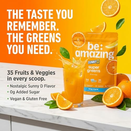 Image of BE AMAZING Super Greens Powder with Prebiotics, Digestive Enzymes & Antioxidants, 35 Fruits & Veggies, Electrolytes & Fiber, Vegan, Gluten Free Juice & Smoothie Mix, Sunny D, 25 Servings