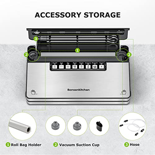 Bonsenkitchen Vacuum Sealer Machine, Stainless Steel Vacuum Food Sealer With 8-In-1 Vacuum Sealing System, 6 Food Vacuum Modes, Built-In Cutter And Bag Storage, Compact Design W/Starter Kit #TOP3