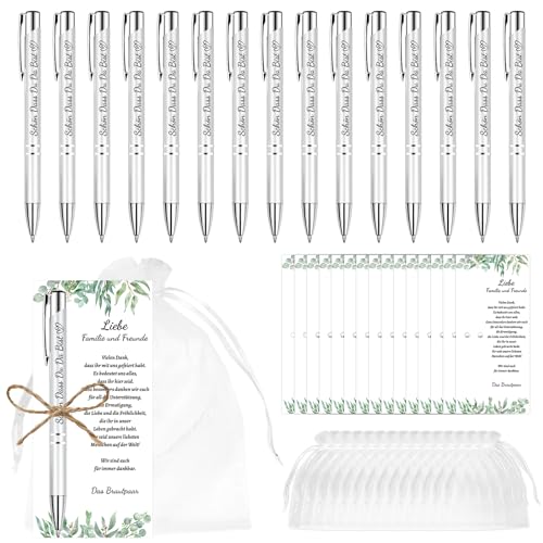PIAKAZIQA Hochzeitsgeschenke für Gäste, 15er Gastgeschenke Hochzeit Kugelschreiber Schön Das du da Bist Druckkugelschreiber Organzabeutel Hochzeit Mitgebsel Party Geschenkset für Familie und Freunde